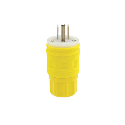 Leviton 15 Amp Watertight Plug, 125V, 5-15P, Rubber, Yellow, Grounding   