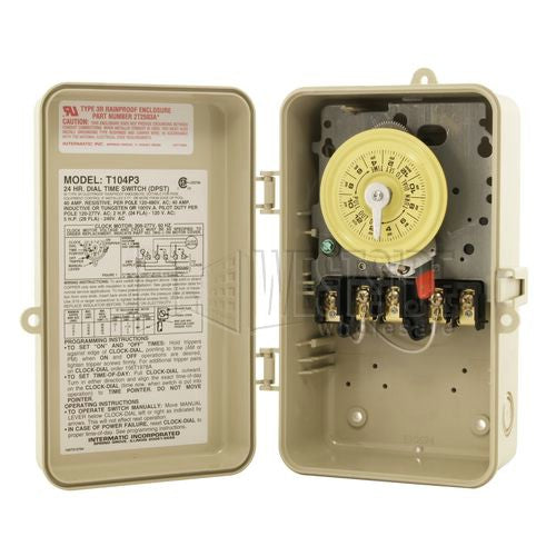 Intermatic Timer, 208-277V DPST 24-Hour Mechanical Timer w/ Industrial Plastic NEMA 3R Case - Beige