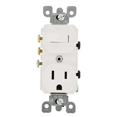 Leviton Light Switch, Duplex Combination Toggle Switch & Receptacle, Commercial Grade, 3-Way - White