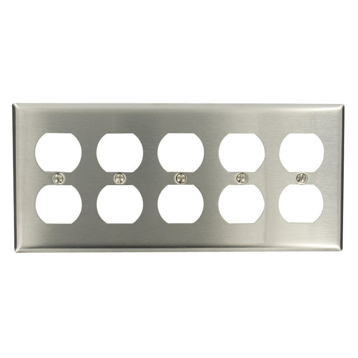 Leviton Duplex Wall Plate, 5-Gang, Non-Magnetic Stainless Steel, Standard     