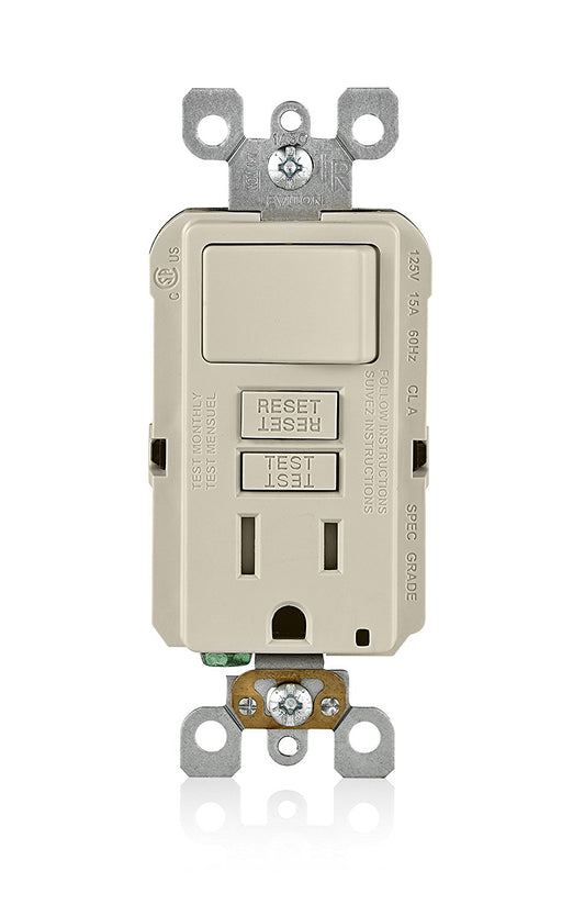 Leviton GFCI Outlet, 15A Smartlock Pro Slim GFCI Receptacle w/Switch, Self-Test, LED Indicator, 20A Feed - Light Almond