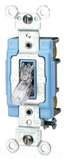 Leviton AC Quiet Toggle Switch, Pilot Light, Illuminated, 120VAC, 15A, 3-Way, Back & Side Wired, Industrial/Specification Grade - Clear