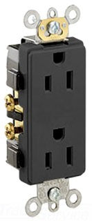 Leviton Duplex, Decorator Receptacle, 125V 15A, 2P3W, 5-15R, Commercial, Specification, Heavy Duty, Side - Self Grounding - Black