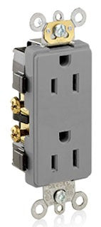 Leviton Duplex, Decorator Receptacle, 125V 15A, 2P3W, 5-15R, Commercial, Specification, Heavy Duty - Self Grounding - Gray