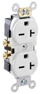 Leviton Duplex, Narrow Receptacle, 250V 20A, 2P3W, 6-20R, Commercial, Specification - Grounding - White