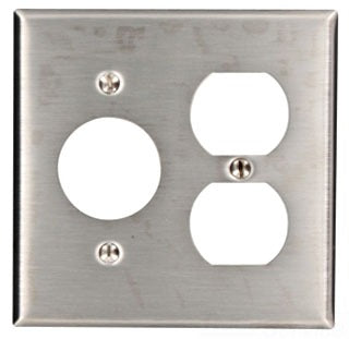 Leviton Specialty Wall Plate, 2-Gang, 1 Duplex Receptacle, 1 1.406 Inch Dia Hole Single Receptacle, Standard - Non-Magnetic Stainless Steel - Smooth