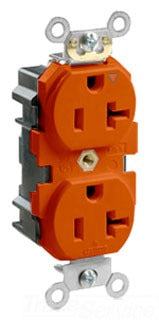 Leviton Duplex Outlet, Straight Blade Receptacle, 5-20R, 125V, 20A, 2P3W, Isolated Grounding, Industrial/Specification/Extra Heavy Duty Grade, Nylon - Orange