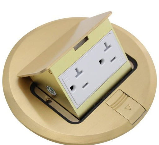 Orbit Electric Floor Box, Pop-Up Cover w/Duplex Receptacle Round Cover - Brass