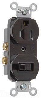 Pass & Seymour 691TR Tamper Resistant Combo Switch, 120/125 VAC 15A Single Pole Toggle, NEMA 5-15R 120/125 VAC 15A 1-Pole w/ Grounding Straight Blade Receptacle - Brown