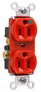 Pass & Seymour Duplex Outlet, Straight Blade Receptacle, 125 VAC 15A, 5-15R, 2-Pole, 3-Wire, Impact Resistant, Hospital Grade - Red