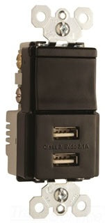 Pass & Seymour TM83USBBKCC6 Combo Switch, 120 VAC 15A 1-Pole/3-Way w/ USB Charger - Black