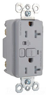Pass & Seymour 2095TRAGRY GFCI Outlet, Duplex, 125 VAC at 60 Hz, 20A, 5-20R, 2-Pole, 3-Wire, Back Wired, Specification Grade - Gray