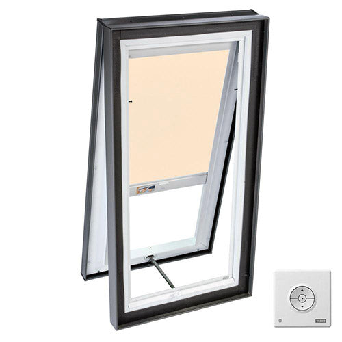 VELUX Skylight, 24 3/16" W x 24 3/16" H Manual Air-Venting Curb-Mount Tempered Glazing w/Installed Solar Light Filtering Blind