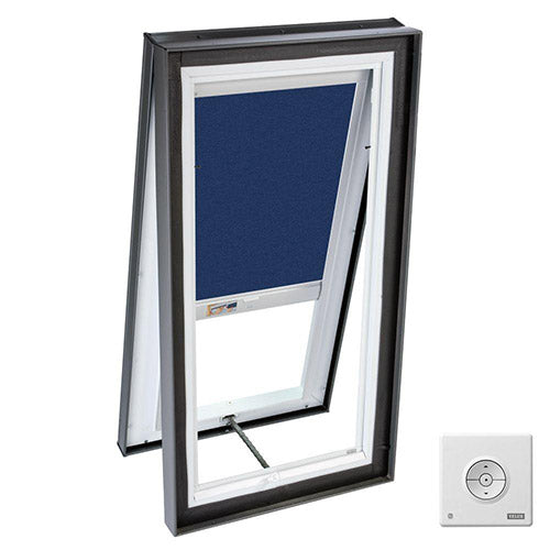 VELUX Skylight, 22-1/2 x 46-1/2" Manual Air-Venting Curb-Mount w/Tempered Glazing & Blue Solar Light Filtering Blind