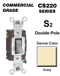 Leviton Double Pole Switch, 20 Amp, 120/27V, Ivory, Side Wired, Commercial  