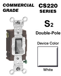 Leviton Double Pole Switch, 20 Amp, 120/27V, White, Side Wired, Commercial  