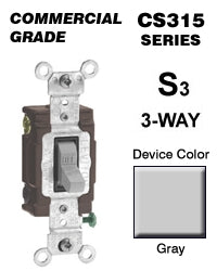Leviton Light Switch, 3-Way 15A 120/27V Side Wired, Commercial Grade - Gray