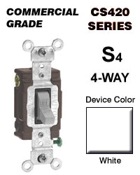 Leviton 4-Way Switch, 20 Amp, 120/27V, White, Side Wired, Commercial Grade  