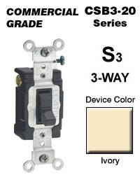 Leviton 3-Way Switch, 20 Amp, 120/27V, Ivory, Back/Side Wired, Commercial   
